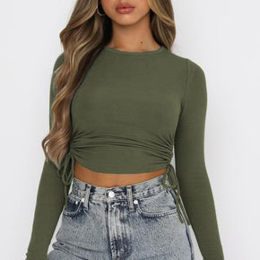 Women's Crop Long Sleeve Side Drawstring Ruched Tops