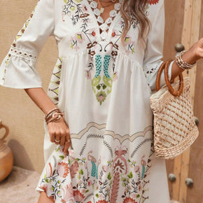 Lace Detail Printed Three-Quarter Sleeve Dress