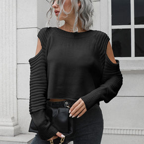 Cold-Shoulder Ribbed Trim Sweater