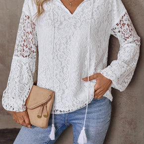 Lace Tie Neck Long Sleeve Blouse