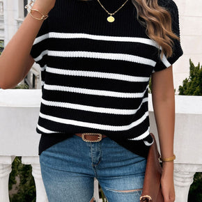 Striped Mock Neck Short Sleeve Sweater