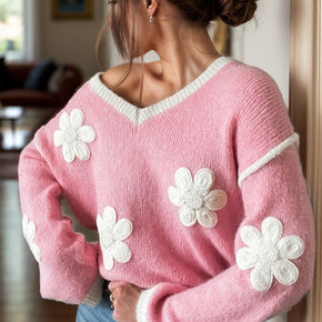 Flower V-Neck Dropped Shoulder Sweater