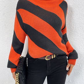 Striped Turtleneck Dropped Shoulder Sweater