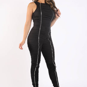 Track Zipper Ruched Ruffle  Bodycon Dress Jumpsuit