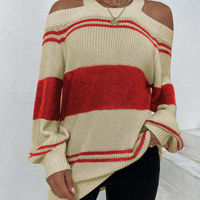 Color Block Striped Cold Shoulder Sweater