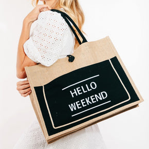 Fame Hello Weekend Burlap Tote Bag