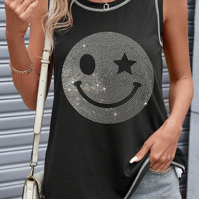 Rhinestone Smile Face Round Neck Tank