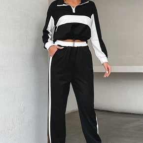 Perfee Striped Half Zip Cropped Sweatshirt and Joggers Set