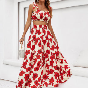 Floral Tie Shoulder Top and Tiered Maxi Skirt Set