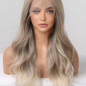 13*2" Lace Front Wigs Synthetic Long Wave 24" 150% Density in Medium Blonde Highlights