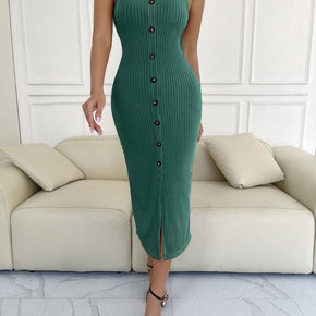 Ribbed Slit Decorative Button Cami Dress