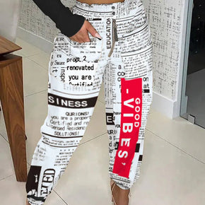 Autumn Newspaper Print High Waist