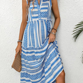 Frill Printed Notched Sleeveless Dress