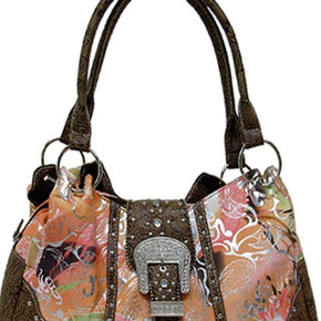 Texas Leather Floral Print with Tooled Trim Handbag