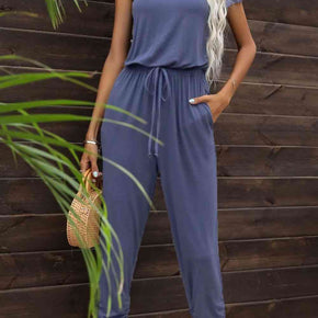 Drawstring Waist One-Shoulder Jumpsuit with Pockets