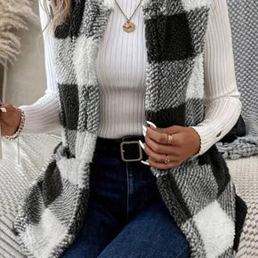 Sherpa Plaid Open Front Vest Coat