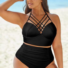 Full Size Halter Neck Crisscross Ruched Two-Piece Swimsuit