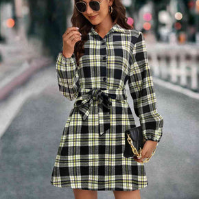 Plaid Tie Front Collared Neck Long Sleeve Dress