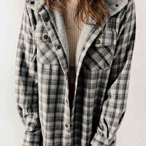 Plaid Snap Down Hooded Jacket