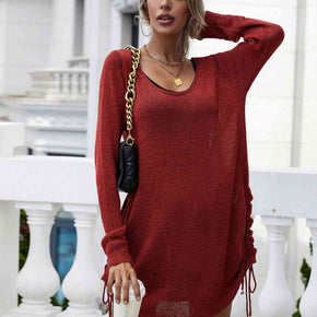 Drawstring Detail Open Back Scoop Neck Knit Top