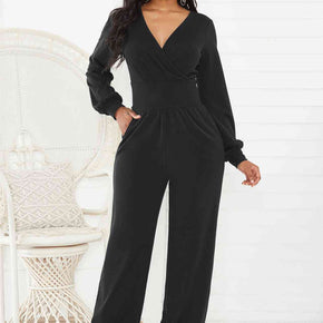 Gathered Detail Surplice Lantern Sleeve Jumpsuit