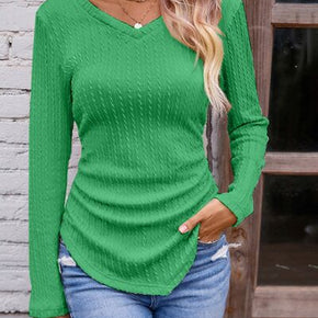 Textured Ruched V-Neck Long Sleeve T-Shirt