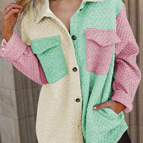 Color Block Button Up Long Sleeve Shacket