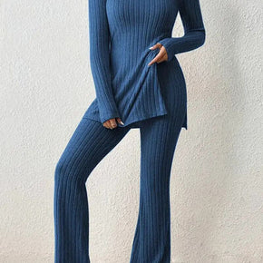 Ribbed Long Sleeve Slit Top and Bootcut Pants Set