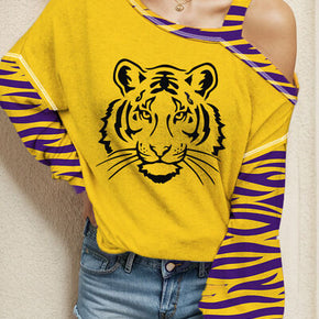 Tiger Graphic Asymmetrical Neck Long Sleeve T-Shirt