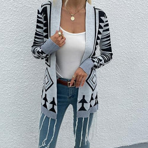 Geometric Fringe Hem Open Front Cardigan