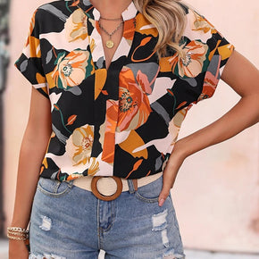 Printed Notched Short Sleeve Blouse