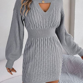 Cable-Knit Cutout Round Neck Slit Sweater