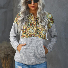 Floral Drawstring Half Snap Hoodie