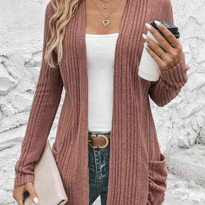 Ribbed Open Front Cardigan with Pockets