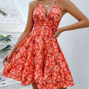 Floral Halter Neck Backless Dress