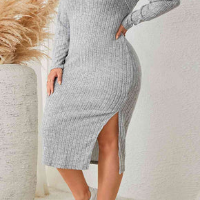 Plus Size Square Neck Long Sleeve Slit Dress